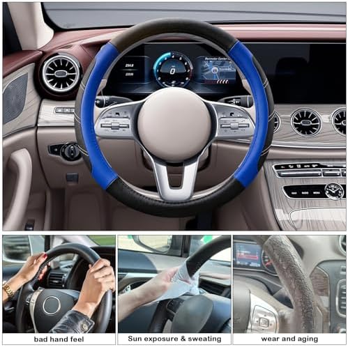 Black and Blue Line Punching Car Steering Wheel Cover, Microfiber Leather Sports - Image 3