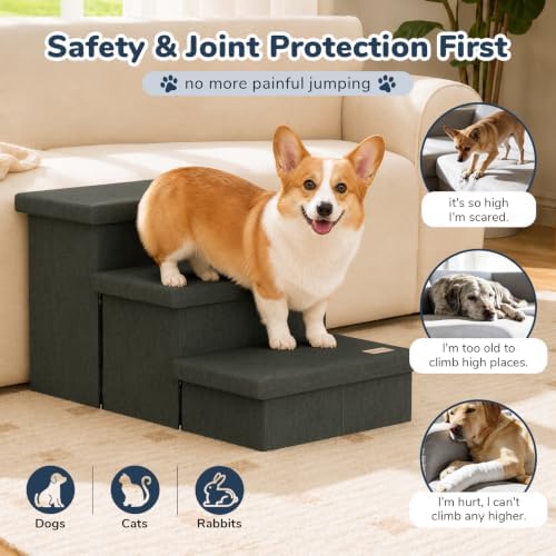 3-Step Wide Dog Stairs with Hidden Storage 18" H, Non-Slip Dog Steps - Image 4