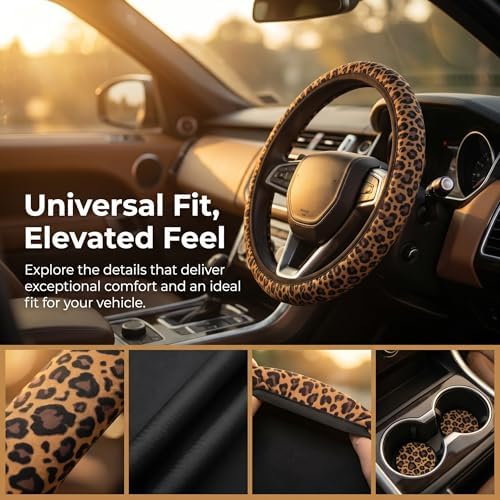 Cheetah Print Steering Wheel Cover 15In + 2 Leopard Car Coasters - Image 3