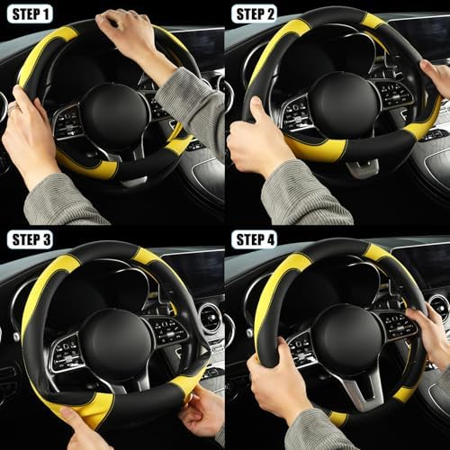 Black Yellow Microfiber Leather D Shaped Steering Wheel Cover - Image 6