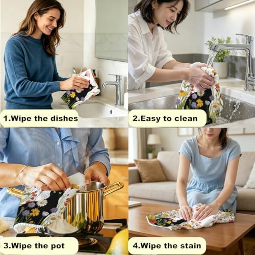 2 Pcs Flower Cat Kitchen Towels 24x14 Inch, Cat Gifts Reusable Dish Towels - Image 5