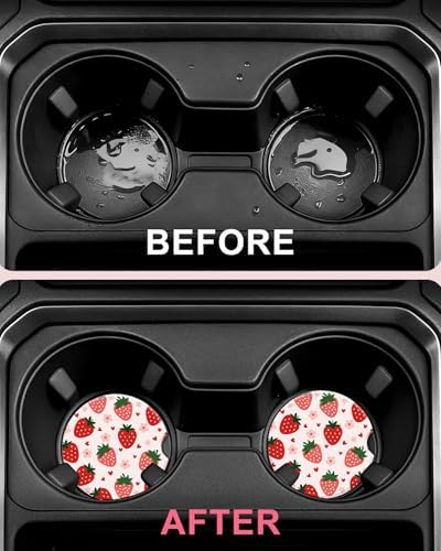 Swooflia Cute Girly Ceramic Car Coasters Strawberry Cup Holder Coasters - Image 4