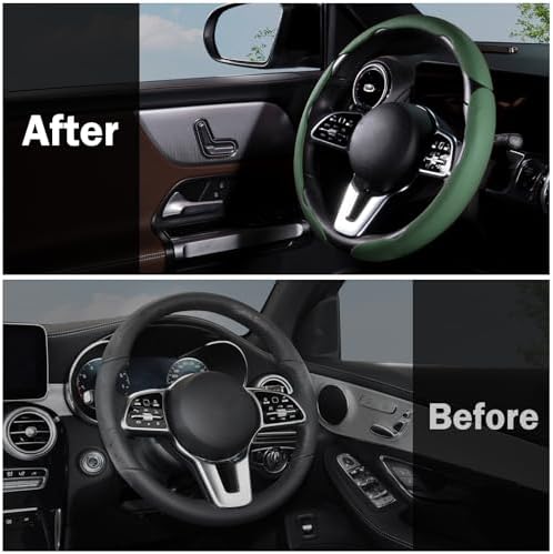 Car Steering Wheel Cover Leather 14.5-15 in Universal 3Pcs Set Green - Image 7