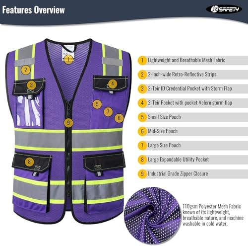JKSafety Safety Vest for Men Women Hi Vis Reflective Vest JK220 PurpleB S - Image 4