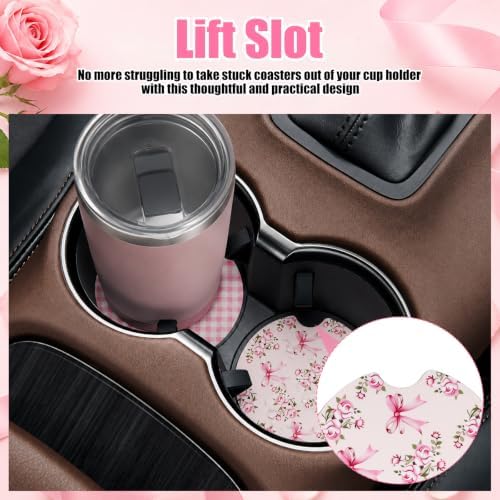 2PCS Wooden Pink Car Coasters for Women, Bow & Checkered Car Cup Coasters - Image 4