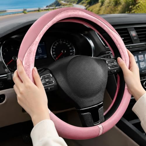 Pink Patterned Leather Patchwork Steering Wheel Cover, 14.5-15 Inch Universal - Image 5