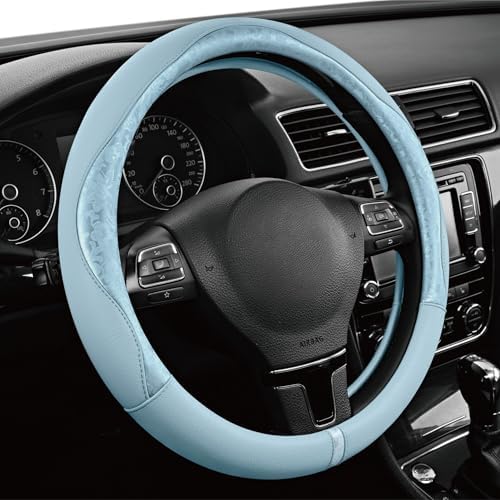 PIC AUTO Steering Wheel Cover, Light Blue Patterned Leather Patchwork Design - Image 2