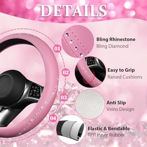 CAR PASS Bling Diamond Pink Leather Steering Wheel Cover, Studded Shining - Image 4