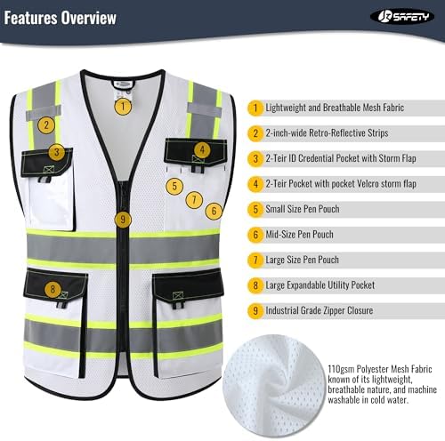 JKSafety Safety Vest for Men Women Hi Vis Reflective Vest JK220 White S - Image 4