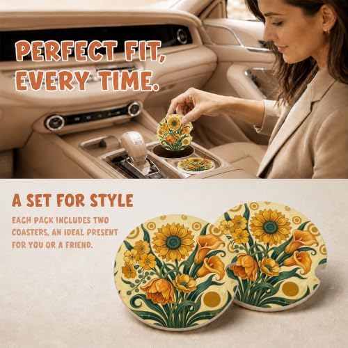 Boho Sunflower Tulip Floral Car Coasters, Retro Country Cup Holders - Image 2