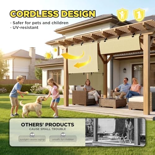 Outdoor Roller Shade 5'W x 5'H Cordless Shades Roll Up, Folding Exterior Patio - Image 3