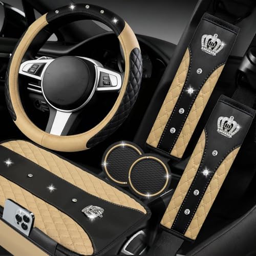 NBTEPEM 6 PCS Bling Beige Car Accessories Set, Leather Beige Steering Wheel by NBTEPEM