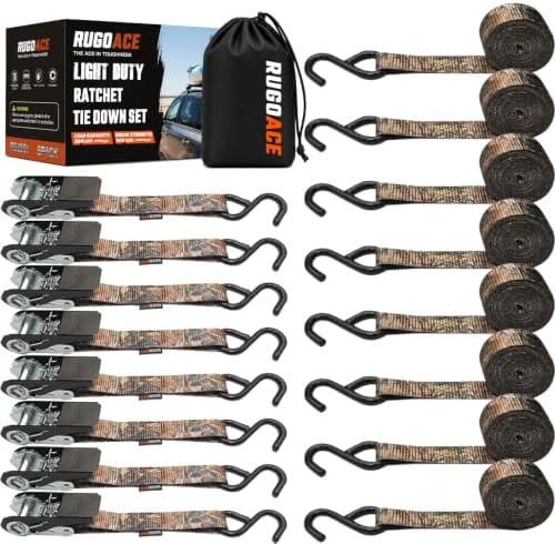 8PK Ratchet Tie Down Straps 1" x 10ft, 300lbs Load Capacity, Camo RUGOACE by RUGOACE