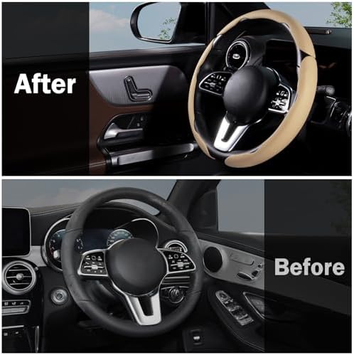 Car Steering Wheel Cover Leather 14.5-15 in Universal 3Pcs Set Beige - Image 7