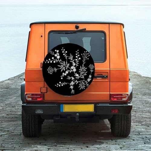 Lace Flowers Spare Tire Cover 15 inch Wheel White Flowers on Black Background - Image 2