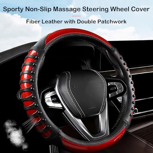 3D Massage Red Carbon Fiber Leather Steering Wheel Cover, 14.5-15 Inch Non-Slip - Image 3