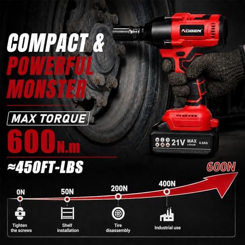AOBEN Cordless Impact Wrench 1/2 Inch, Power Impact Gun Kit, Max 600N. - Image 2