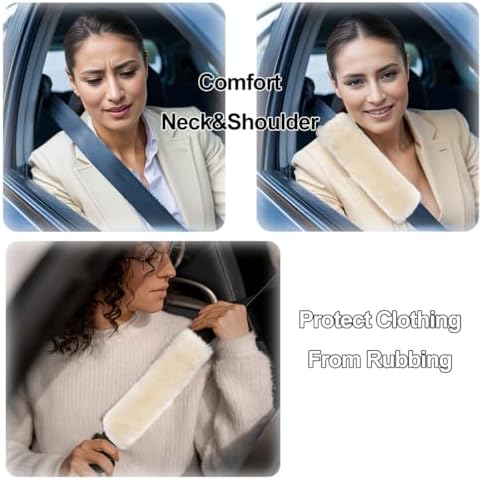 AOGELAN 2 Pack Fluffy Real Sheepskin Car Seat Belt Cover Pad Light Brown - Image 4