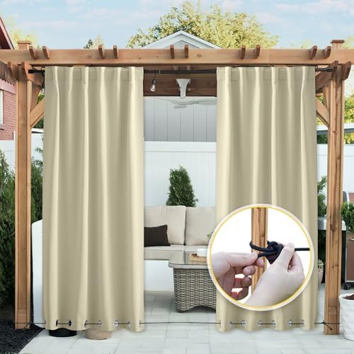 NICETOWN 2 Panels Outdoor Curtains Waterproof Extra Long W52xL108 Beige - Image 3