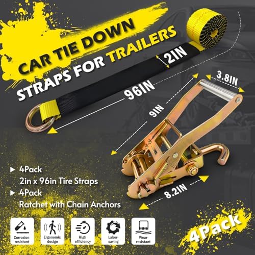 4 Pack 2"x96" Car Tie Down Straps - Image 2
