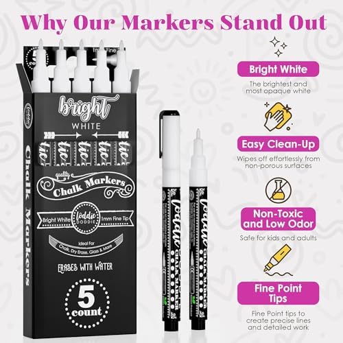 Loddie Doddie White Chalk Markers, Chalkboard Markers, 1 mm Point, 5 Pack - Image 2