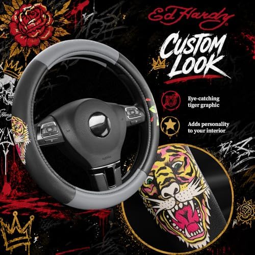 ED HARDY Tiger Print Steering Wheel Cover, Fits 14.5-15.5 Inch Steering Wheels - Image 3