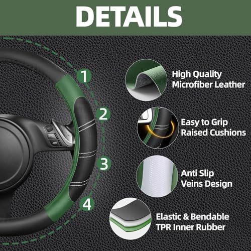 NBTEPEM 6 Pcs Green Steering Wheel Cover Set, Sport Microfiber Leather Steering - Image 3