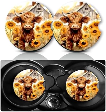 2Pcs Highland Cow Cars Coasters, 2.75" Neoprene Rubber Cup Holder Coasters by Databa