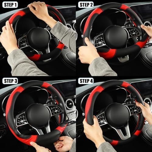Black Red Microfiber Leather D Shaped Steering Wheel Cover - Image 6
