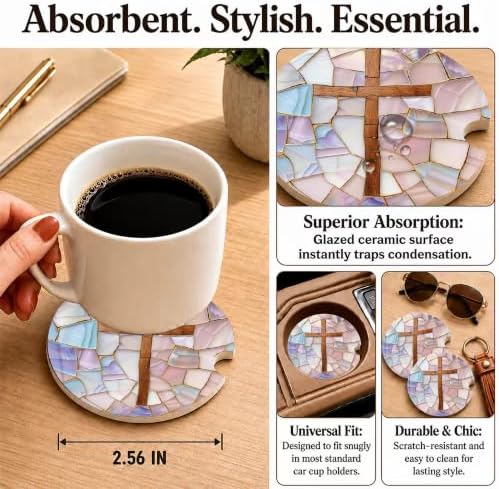 Christian Cross Stained Glass Car Coasters, Religious Faith Cup Holders - Image 3