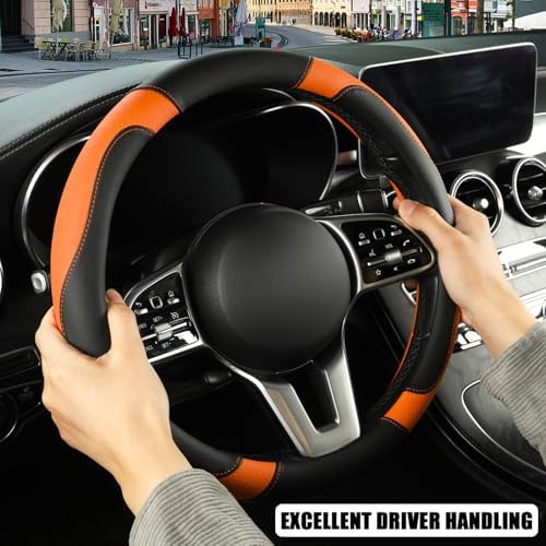 Black Orange Breathable Microfiber Leather Steering Wheel Cover - Image 5