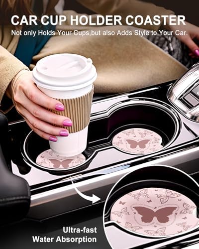 Swooflia Cute Girly Ceramic Car Coasters Pink Butterfly Cup Holder Coasters - Image 5