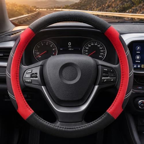 Black and Red Line Punching Car Steering Wheel Cover, Microfiber Leather Sports - Image 2