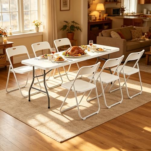 6 FT Foldable Table Set with 6 White Plastic Folding Chairs - Image 2