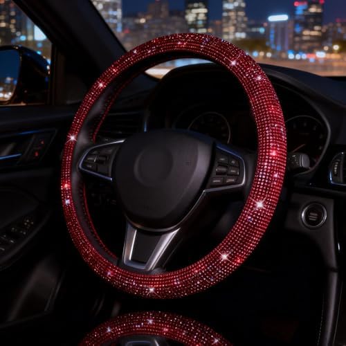 Car Bling Steering Wheel Cover for Women Girl Red Bling Accessories 15 Inch - Image 3