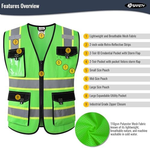 JKSafety Safety Vest for Men Women Hi Vis Reflective Vest JK220 Green XL - Image 4