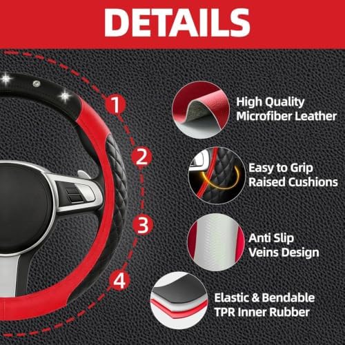 NBTEPEM 10 Pcs Bling Red Car Floor Mats Set, Leather Red Steering Wheel Covers - Image 2