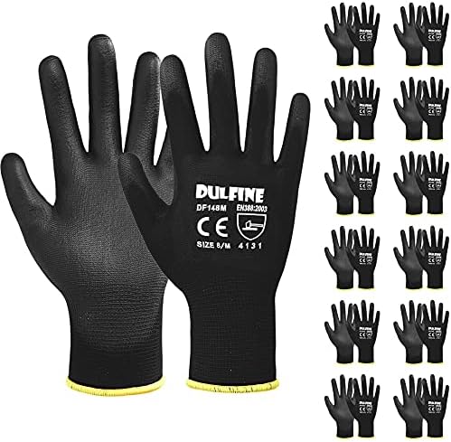 DULFINE Safety Work Gloves for Men 12 Pairs, Ultra-Thin PU Coated Black L by DULFINE