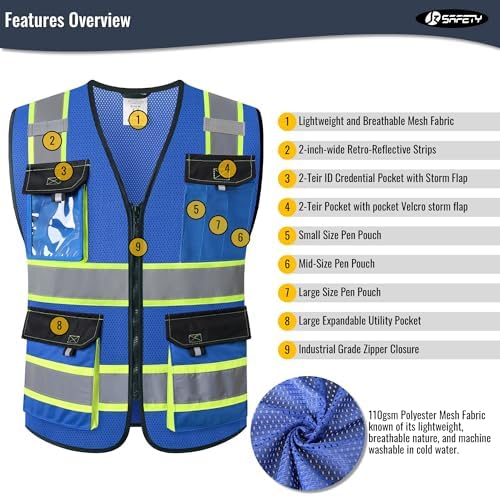 JKSafety Safety Vest for Men Women Hi Vis Reflective Vest JK220 Blue M - Image 4