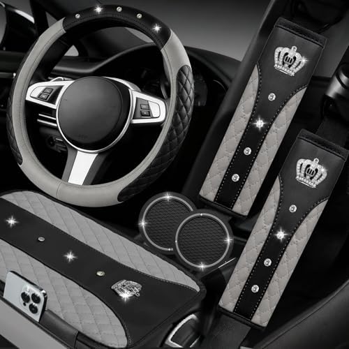 NBTEPEM 6 PCS Bling Grey Car Accessories Set, Leather Grey Steering Wheel by NBTEPEM