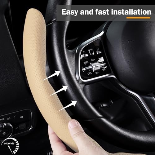Car Steering Wheel Cover Leather 14.5-15 in Universal 3Pcs Set Beige - Image 3