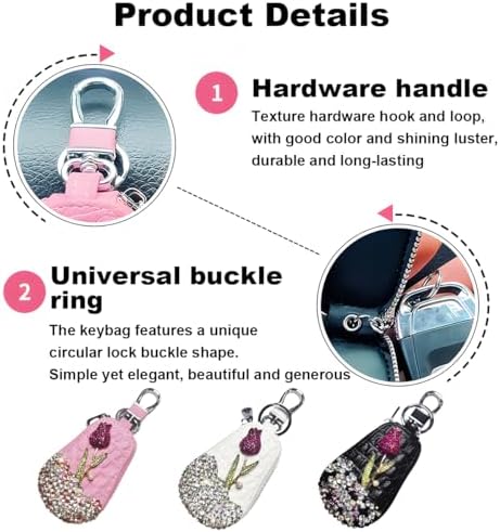 Mandark Bling Car Key Case, Genuine Leather Crystal Rhinestone Vehicle Key Fob - Image 4