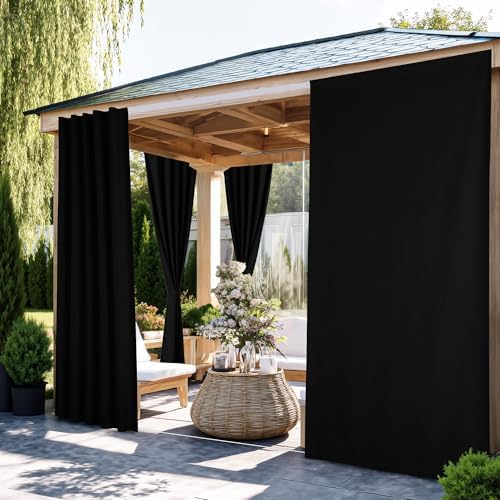 NICETOWN 100% Blackout Linen Outdoor Curtains Windproof 84" L Black 2 PCs by NICETOWN