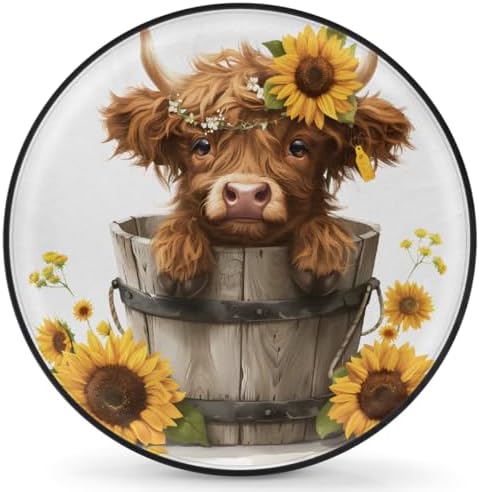 Spare Tire Cover for RV Trailer, Cute Highland Cow Sunflowers Waterproof Sun by cfpolar
