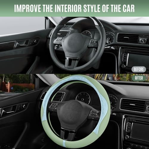 PIC AUTO Steering Wheel Cover, Light Blue Patterned & Green Leather Patchwork - Image 6