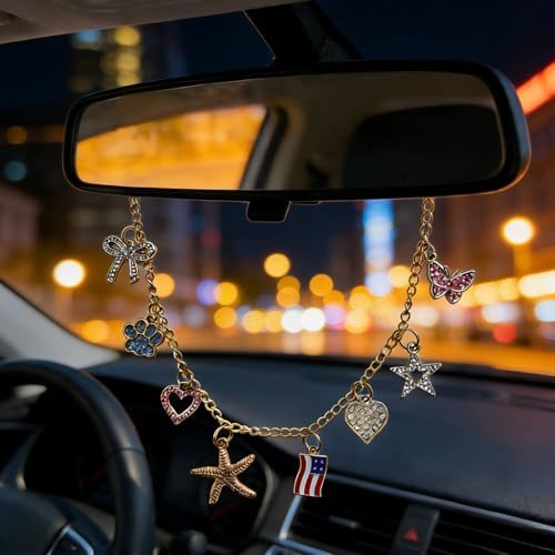 Car Rearview Mirror Charm Gold Hanging Cross Butterfly USA Flag Ornament - Image 3