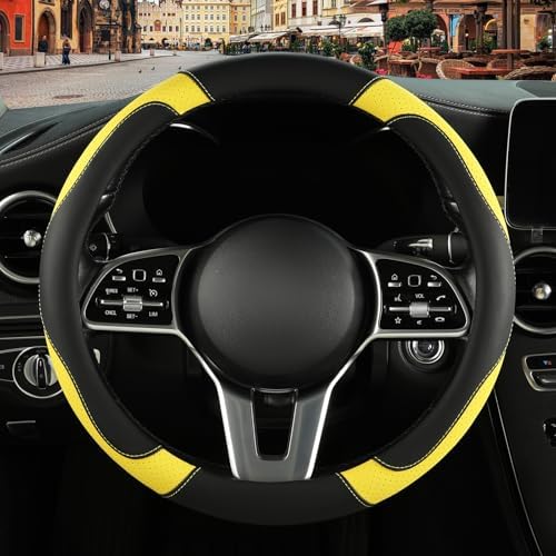 Black Yellow Microfiber Leather Steering Wheel Cover 15 inch - Image 2