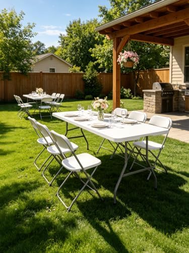 7FT Folding Table, Heavy Duty Fold-in-Half Portable Plastic White - Image 2