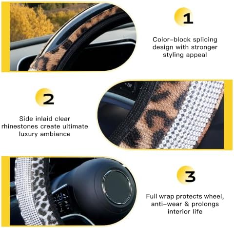 Bling Rhinestone Cheetah Steering Wheel Cover Leather White - Image 3