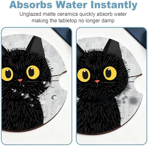 Ceramic Car Cup Holder Coasters Set of 2, 2.56 in Black Cat - Image 5